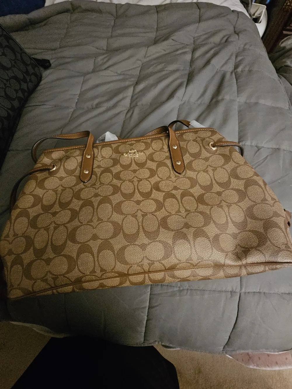 Coach Brown Signature Canvas Shoulder Tote with Tan Leather Trim